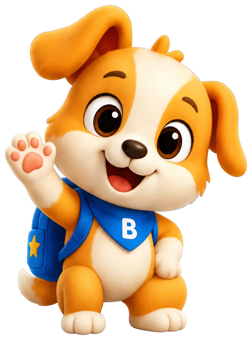 Chú chó Biibo ngồi vẫy tay bên ngôi trường